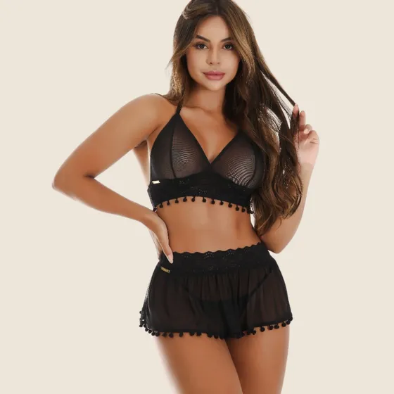 Conjunto Calcinha Sutiã Saia Tule Transparente Sexy Sensual