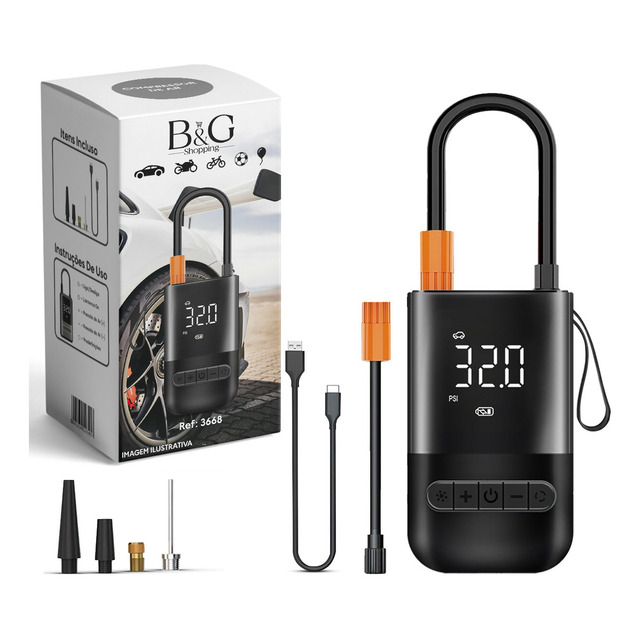 Compressor De Ar Portátil B&g Shopping Digital 80w Preto Usb-c Carro Moto Bicicleta 127/22... Compressor De Ar Portátil B&g Shopping Digital 80w Preto Usb-c Carro Moto Bicicleta 127/22...