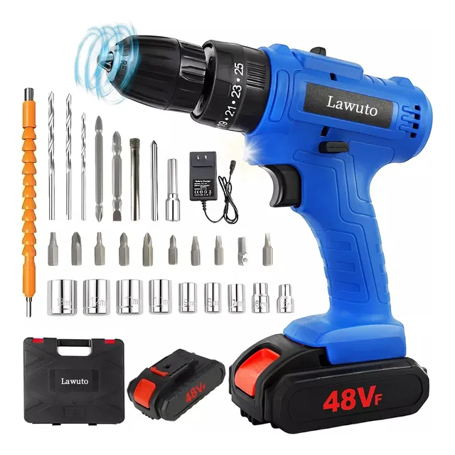 Taladro Electrico Atornillador Inalámbrico Impacto Kit Con Batería De Litio De 48v Lawuto Color Azul