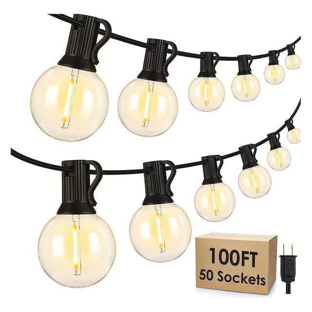 Banna Guirnalda De Luces Exterior, 30metros 50+3 Focos Vidrio G40 Ip44 Blanco Cálido, Serie Luz Vintage Decorativas Para Iluminación De Jardin Patio Boda Hogar Navidad