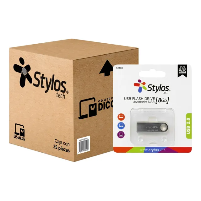 25 Pack Mayoreo - Memoria Usb 2.0 8gb Stylos Tech St100 Plateado St100
