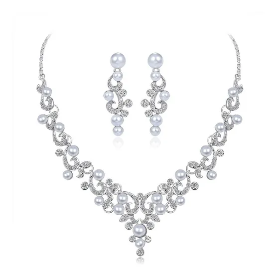 Conjunto Colar E Brinco Strass Pérola Noiva Prata Debutante