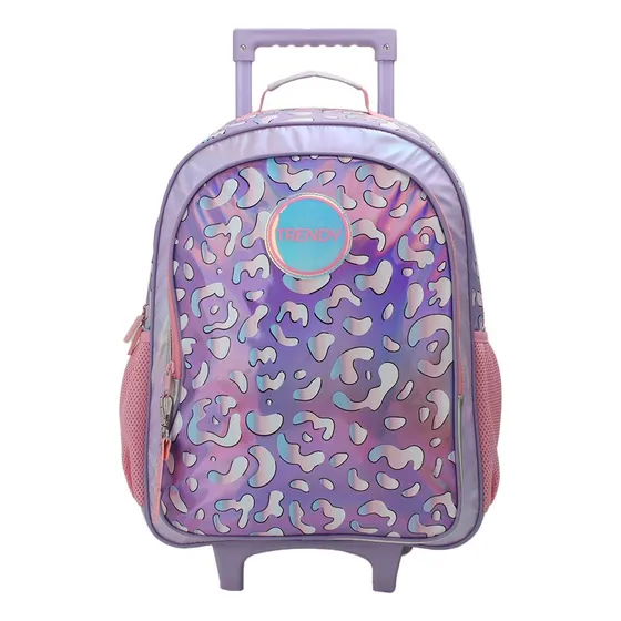 Mochila Carro Trendy 18 PuLG Leopardo Reforzada Escolar Niña Color Lila Diseño De La Tela Estamapada