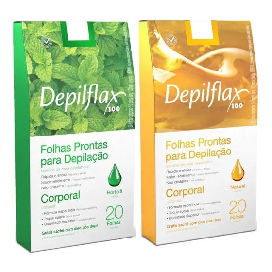 Kit 2cx Folhas Prontas Corporais Natural E Hortelã Depilflax