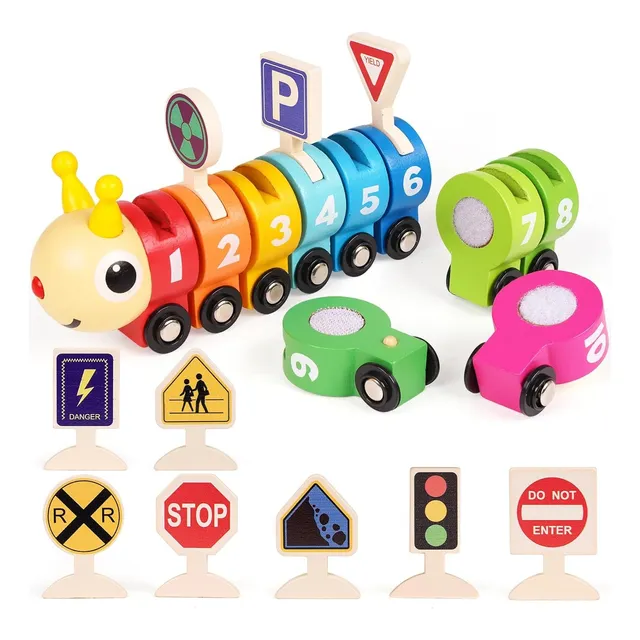 Juego De Tren Oruga En Madera Numeros Caterpillar Bloques