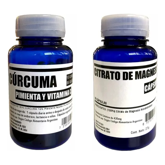 Kit Magnesio 60 Capsulas + Curcuma + Pimienta Negra 50 Caps Sabor Sin sabor