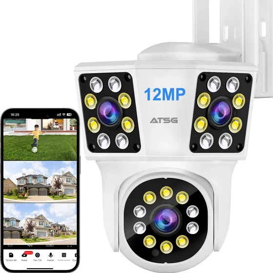 ATSG Câmera de segurança Wifi externa com três lentes Atsg GAD 12mp Ip66 na cor branca