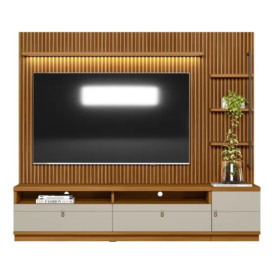 Rack E Painel Ripado 1 Módulo Ouro Preto Linea Brasil Cor Nature/off White