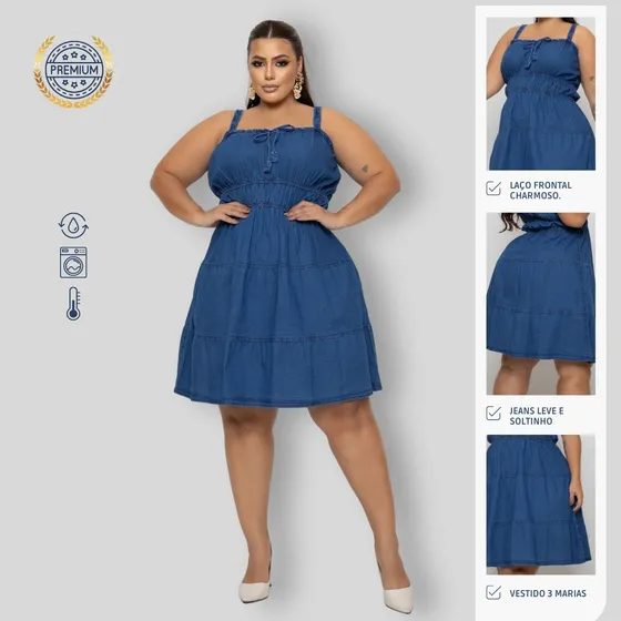 Vestido Jeans Feminino Alça Plus Size Com Lycra Curto Midi