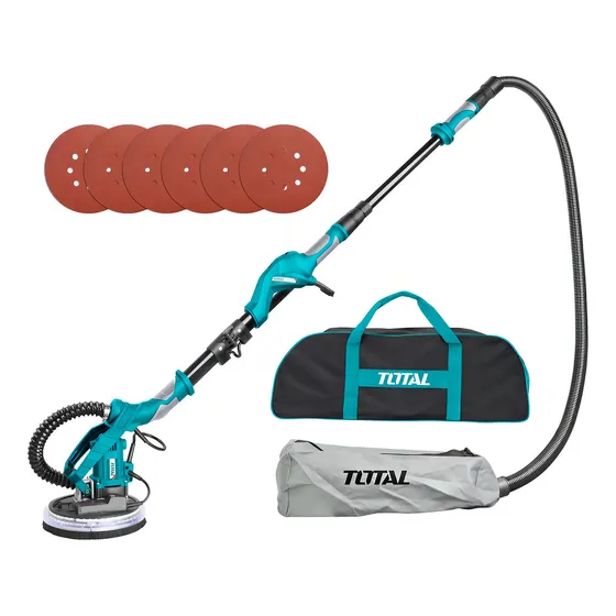 Lijadora De Yeso Total 1050w Industrial - Techo O Paredes - Mango Telescópico Hasta 165cm, Diámetro 215mm, Luz LED 360º - Incluye Lijas, Bolsa Recolectora De Polvo Y Bolso De Transporte - TWS10501