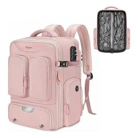 Mochila De Viagem Com Compressão A Vácuo Mochila Para Notebook De 17 Polegadas Compartimento Para Sapatos Capa De Chuva Antifurto Expansível, Taygeer 1727 Rosa Liso