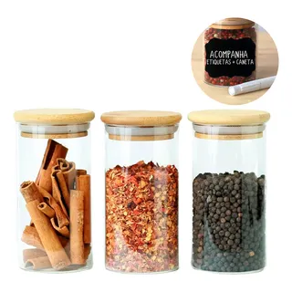 Kit Com 3 Potes Herméticos De Vidro Com Tampa Bambu 300ml Kit Com 3 Potes Herméticos De Vidro Com Tampa Bambu 300ml
