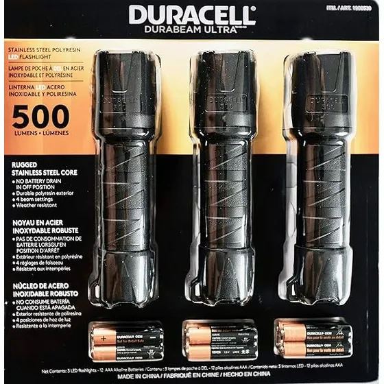 Linterna Duracell Durabeam Ultra 500 Lúmenes X 3 + 12 Pilas Linterna Negro Luz Blanco