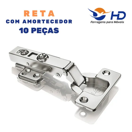 Kit 10 Dobradiças Reta Amortecedor Porta Armário 35mm - Hd