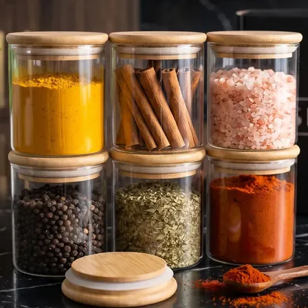 Kit 6 Potes Porta Temperos Vidro Borossilicato Hermético Tampa Bambu Organizador Cozinha 200 ml Seiri