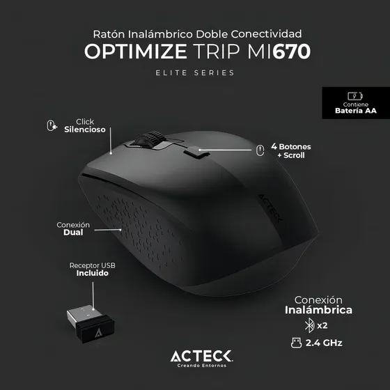 Mouse Acteck Mi670 1600dpi 4 Botones Inalambrico Usb Negro