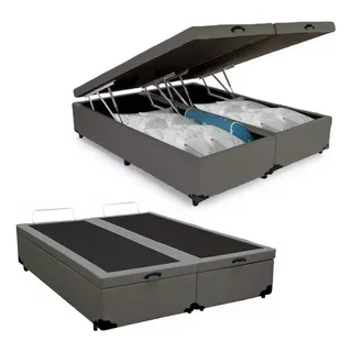 Cama Box Baú Queen Bipartido Cinza da Mega Cama para Colchão de 158x198cm