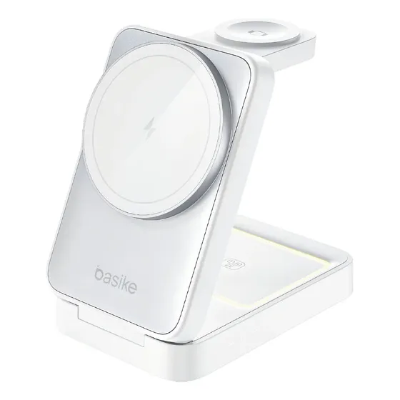 Carregador Sem Fio 3 em 1 Basike para iPhone, Apple Watch e AirPods com Magsafe e Luz Noturna Dobrável
