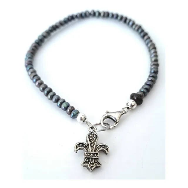 Pulsera De Perlas Negras Flor De Lis C/ Esferas De Plata 925