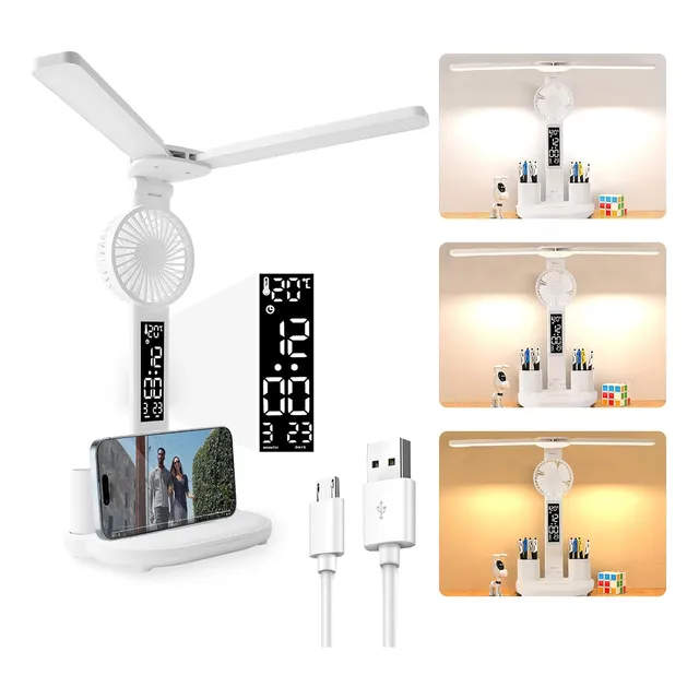 Lámpara De Mesa Led Plegable Con Ventilador Y Doble Cabezal