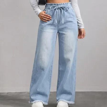 Jean Wide Leg Con Cordón Ruedo Desflecado Mujer Azul Plain Xl