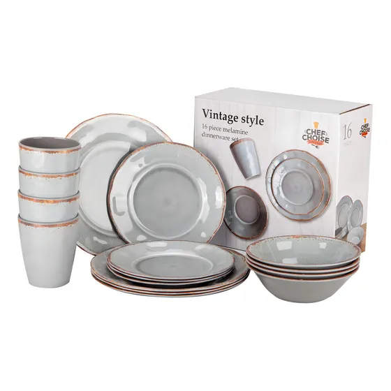 Set 16 Pcs Juego De Vajilla Completo Melamina Ecologico Gris Chef Choice