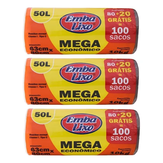 3 Pacotes Saco De Lixo Embalixo Pacote 100 Unidades 50litros