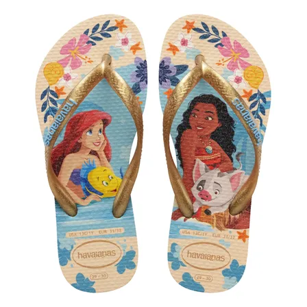 Chinelo Havaianas Princesas Disney Kids Infantil Glitter Bege Palha Ariel E Moana 25/26