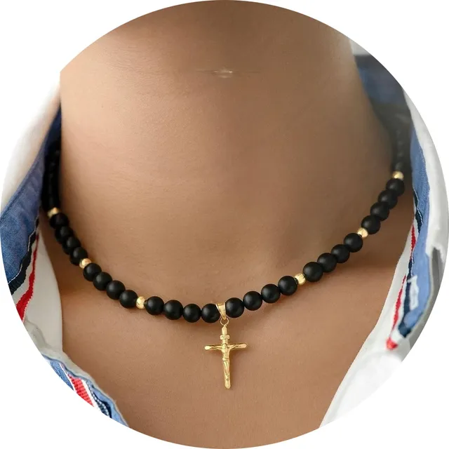 Collar De Perlas Negras Con Cruz Y Separadores En Acero 