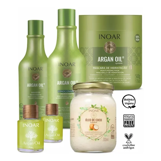 Inoar Kit Sh + Cond. Argan 500ml + Masc 500g + 2 Óleo + Coco