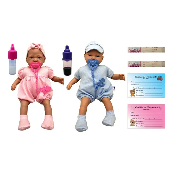 Kit Casal Bebês Gêmeos Recém Nascido Newborn Reborn Pesadinho E Acessórios - Lindos Parecem De Verdade - Cotiplás Brinquedos : Boneca Bebê Menina Rosa + Boneco Bebê Menino Azul