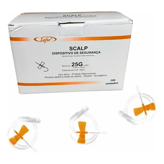 Scalp 25g Laranja Para Coleta Sangue Vácuo 100 Unidades
