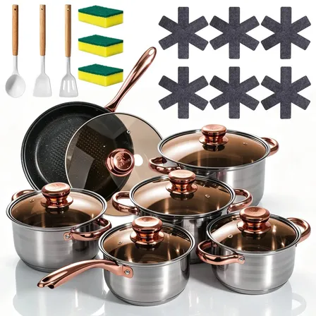 Jogo De Panelas 12 Peças Aço Inox Premium Com Tampa De Vidro Medidor Interno Em Litros Kit Completo Cozinha Com Frigideira Utensílios E Protetores De Panela Para Fogão Gás Indução E Elétrico