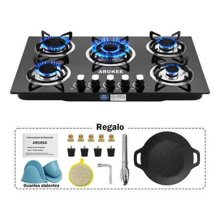 Parrilla Empotrable Gas 5 Quemadores Vidrio Templado Negro AROKEE