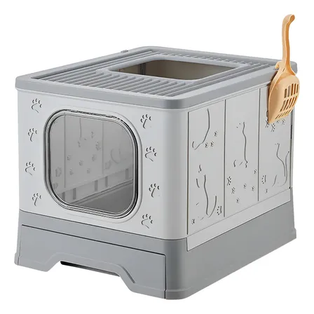 Caixa De Areia Para Gatos Com Pá Fechada E Padrão 3d Fofo Cinza