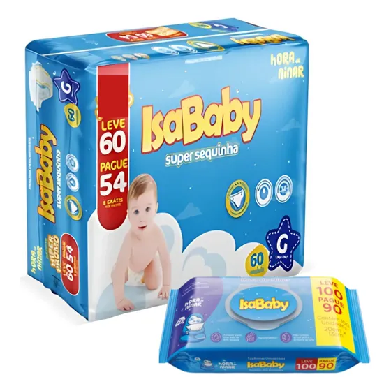 Fralda Pacote C/60 Tamanho G & Lenço Umedecidos Isababy