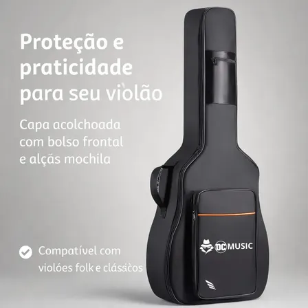 Capa para Violão Folk e Clássico Dc Music Acolchoada com Alça Mochila e Bolso Frontal (39" a 41") Preta