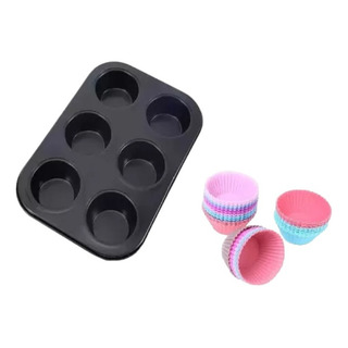 Charola 6 Cupcake + 12 Moldes De Silicon Hornear Repostería Charola 6 Cupcake + 12 Moldes De Silicon Hornear Repostería