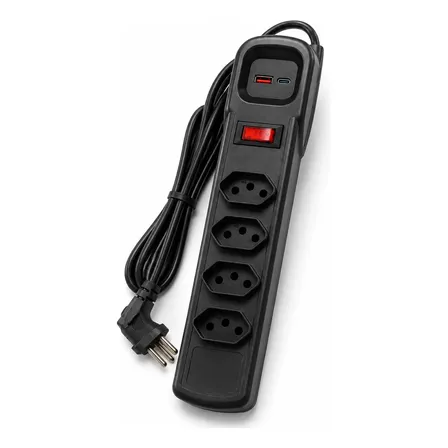 Filtro De Linha Preto 4 Tomadas Bivolt Usb A+c 90 Graus 10a