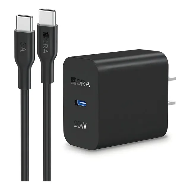 Cargador Tipo C GaN Carga Rápida PD 20W 1Hora con Cable USB C a C para IP 16 15 Pro Max Compatible con Samsung Galaxy A16, S24, S22/Xiaomi Pocophone Poco M5s, C75/Motorola Negro