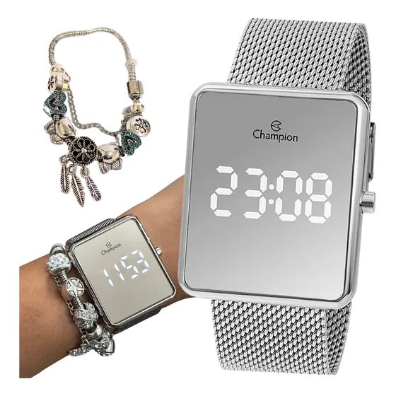 Relógio Feminino Champion Digital + Pulseira Berloque Prata