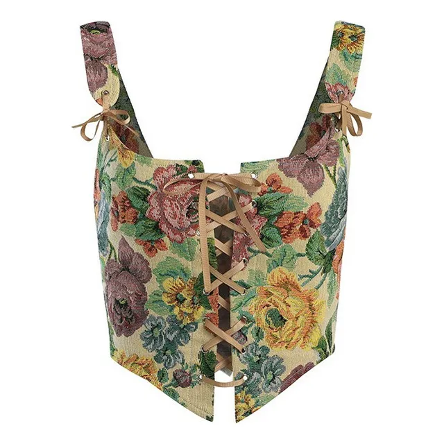 Crop Top Mujer Sexy Retro Jacquard Flores Aesthetic Fiesta .