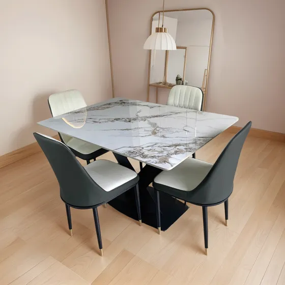 Comedor Montessori 4 Sillas Mesa Piedra Marmol Base Metalica