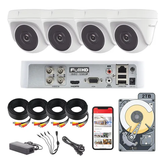 Kit Circuito Cerrado Hilook Dvr 4 Canales 4 Camaras Domo 1080p 2mp Full Hd Thc-t120-pc Cable Coaxial 18mts + Disco Duro 2tb
