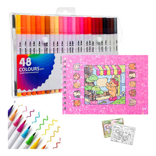 Kit Estojo Com 48 Canetinhas Ponta Dupla + Livro Colorir Kit Estojo Com 48 Canetinhas Ponta Dupla + Livro Colorir