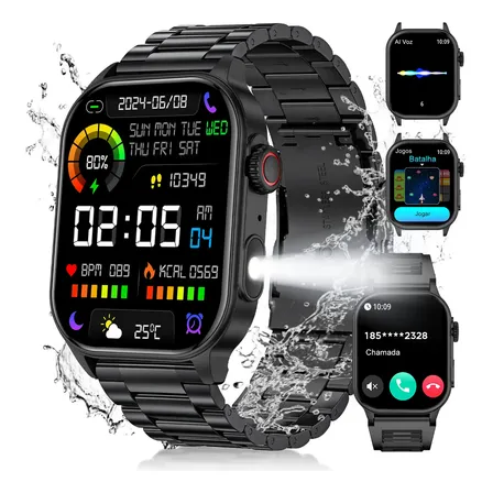 Smartwatch Relógio Inteligente Masculino Militar Esportivo Preto Aço Inoxidável