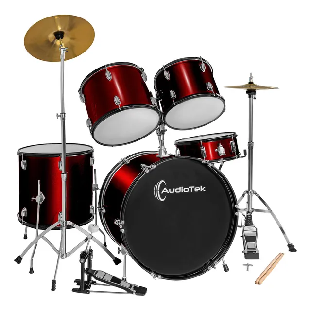 Bateria Musical Acustica 5pz Platillos Atriles Bombo 23 Pul Color Rojo Audiotek