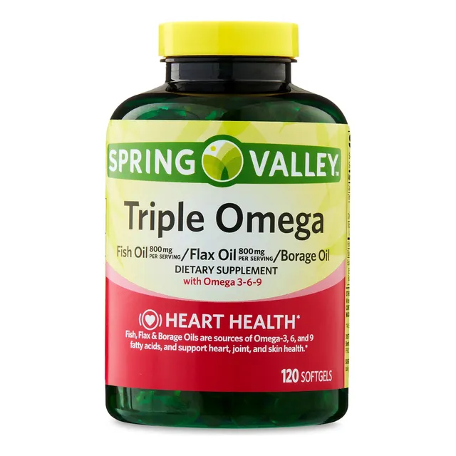 Spring Valley Triple Omega - Fish Oil 800 Mg Flax Oil 800 Mg Borage Oil - 120 Softgels Suplemento De Apoyo A Regular La Salud Cardiovascular, Articuaciones, Y Piel
