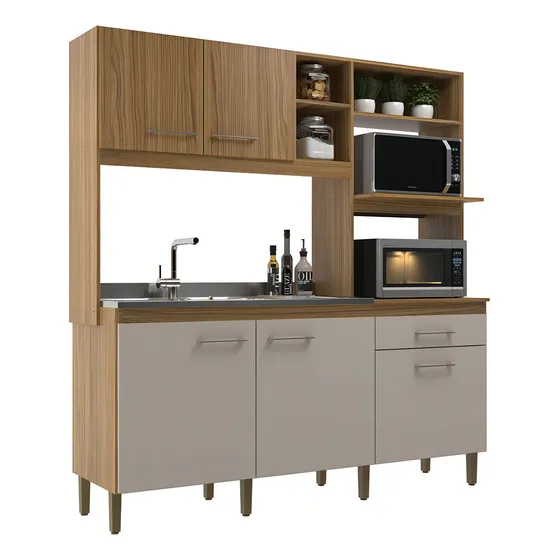 Cocina compacta de 5 puertas y 1 cajón IPê/Cristalo, color decibal, marrón claro