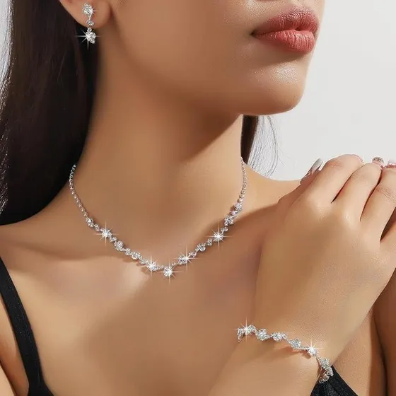 Joyería Juego De Collar Pulsera Pendientes Para Novia Mujer Plateado